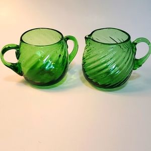 Vintage Hand Blown, Applied Handle Blown Sugar and Creamer Spiral Glass Green